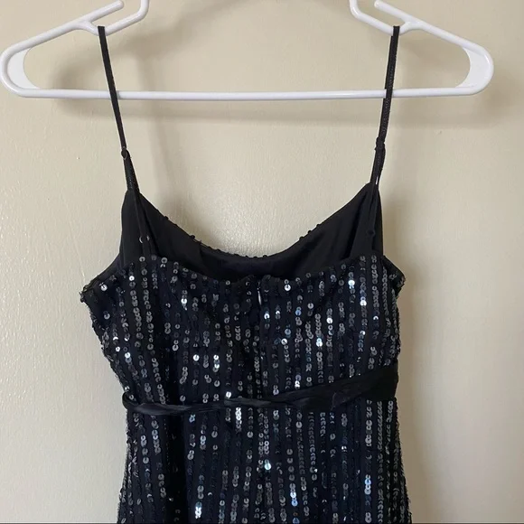 BCBG Maxazria black sequin mini party dress spaghetti strap silk bow Small S - Picture 5 of 8